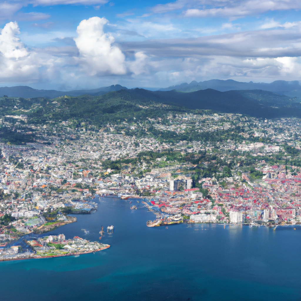 Carte statique de Fort-de-France en Martinique, vue aérienne avec le port, la baie turquoise et les quartiers - image générée